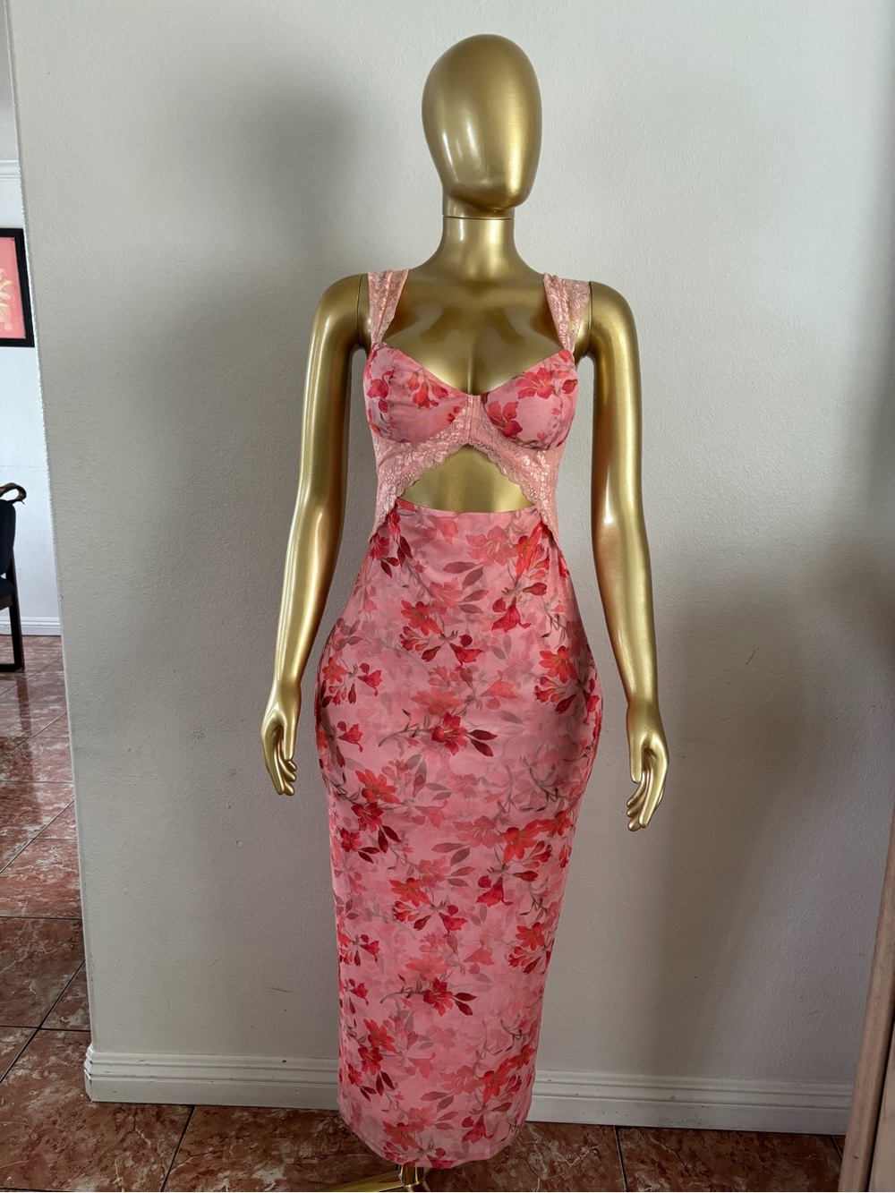 Pink Floral Cutout Midi Dress